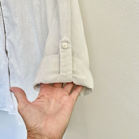 Chicos | Linen Crochet Back Button Shirt Roll Tab Sleeves Top Size 1 -‎ Med - 44 - Picture 5 of 15